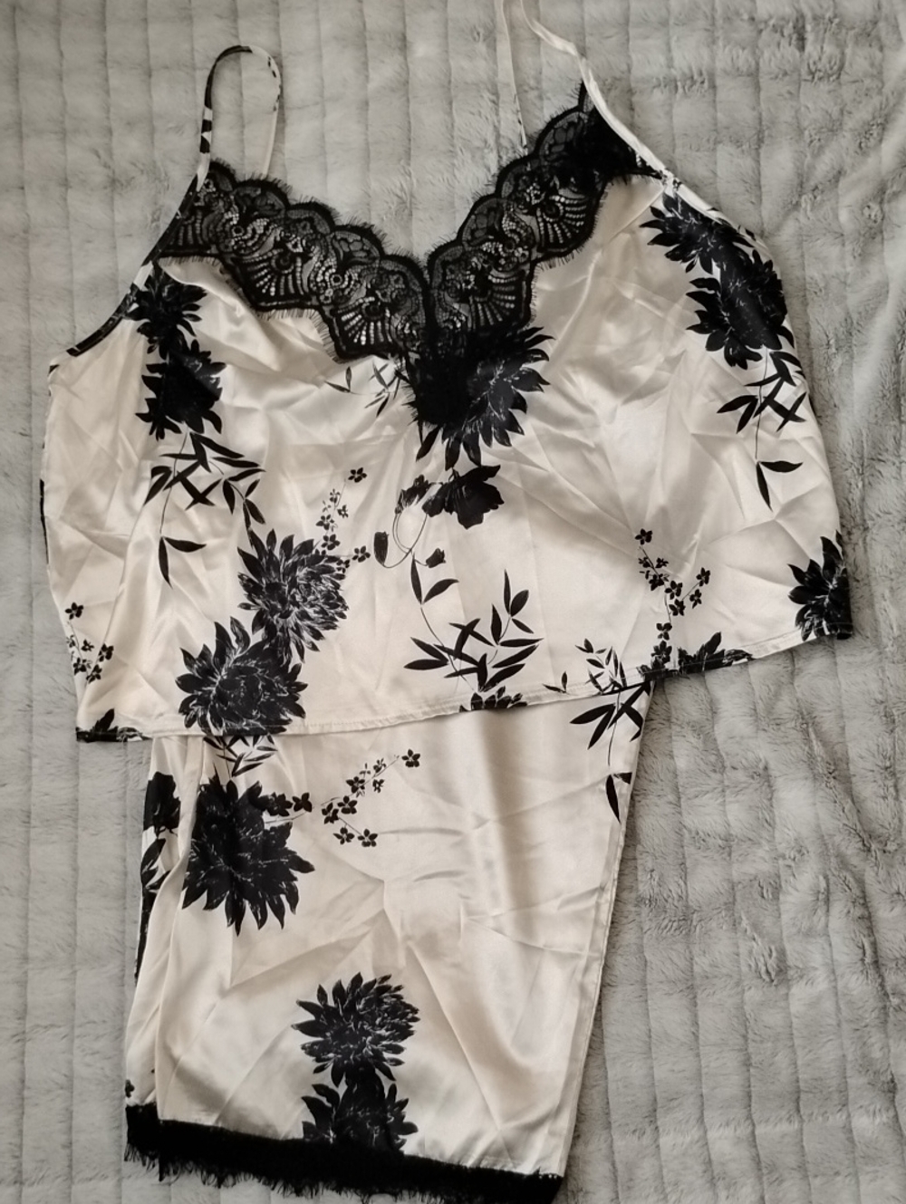 Black & Cream Floral Satin Lace Cami & Bottom Set